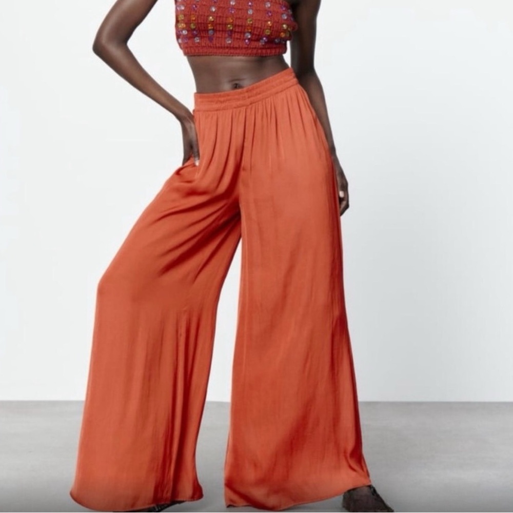 ZARA Blogger Favourite Wide Leg Satin Palazzo Pants in terracotta XS